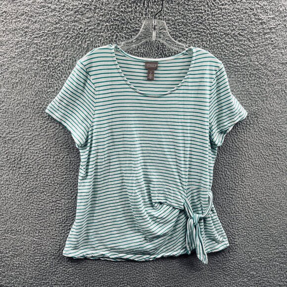 Chicos Womens Top 2‎ Large Green White Striped Tie Front Short Sleeve Casual - Picture 1 of 10